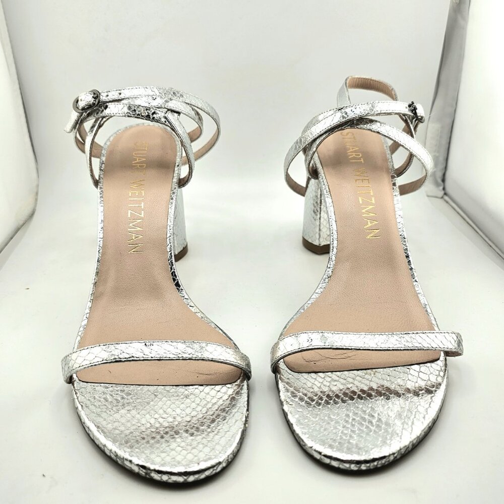 Stuart Weitzman Metallic Snakeskin Block Heel Sandal Size 9.5 Silver Ankle Wrap - Picture 2 of 11